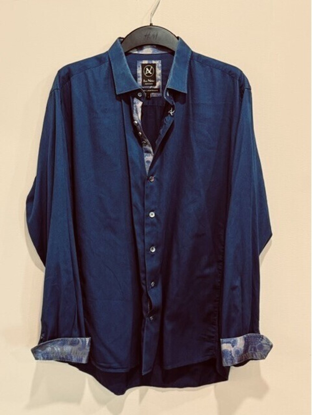 Au Noir Mens Size 4 L Navy Blue Stretch Button Down Shirt Contrast Cuffs Turkey